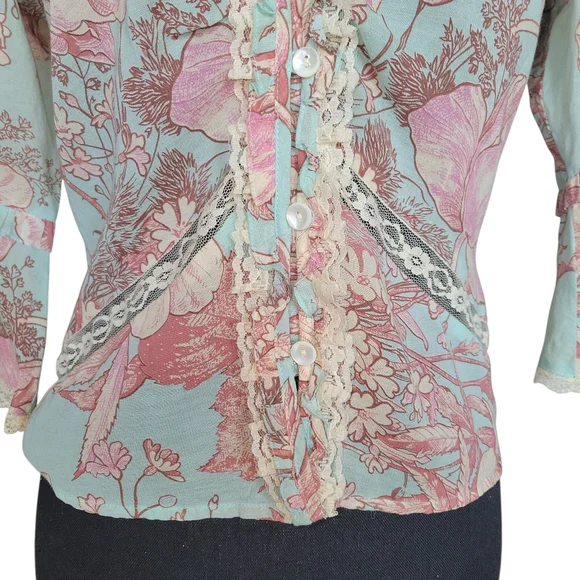 Odille Anthropologie Teal and Pink Vintage Floral Lace Trim Blouse Womens Size 2 - Picture 7 of 10